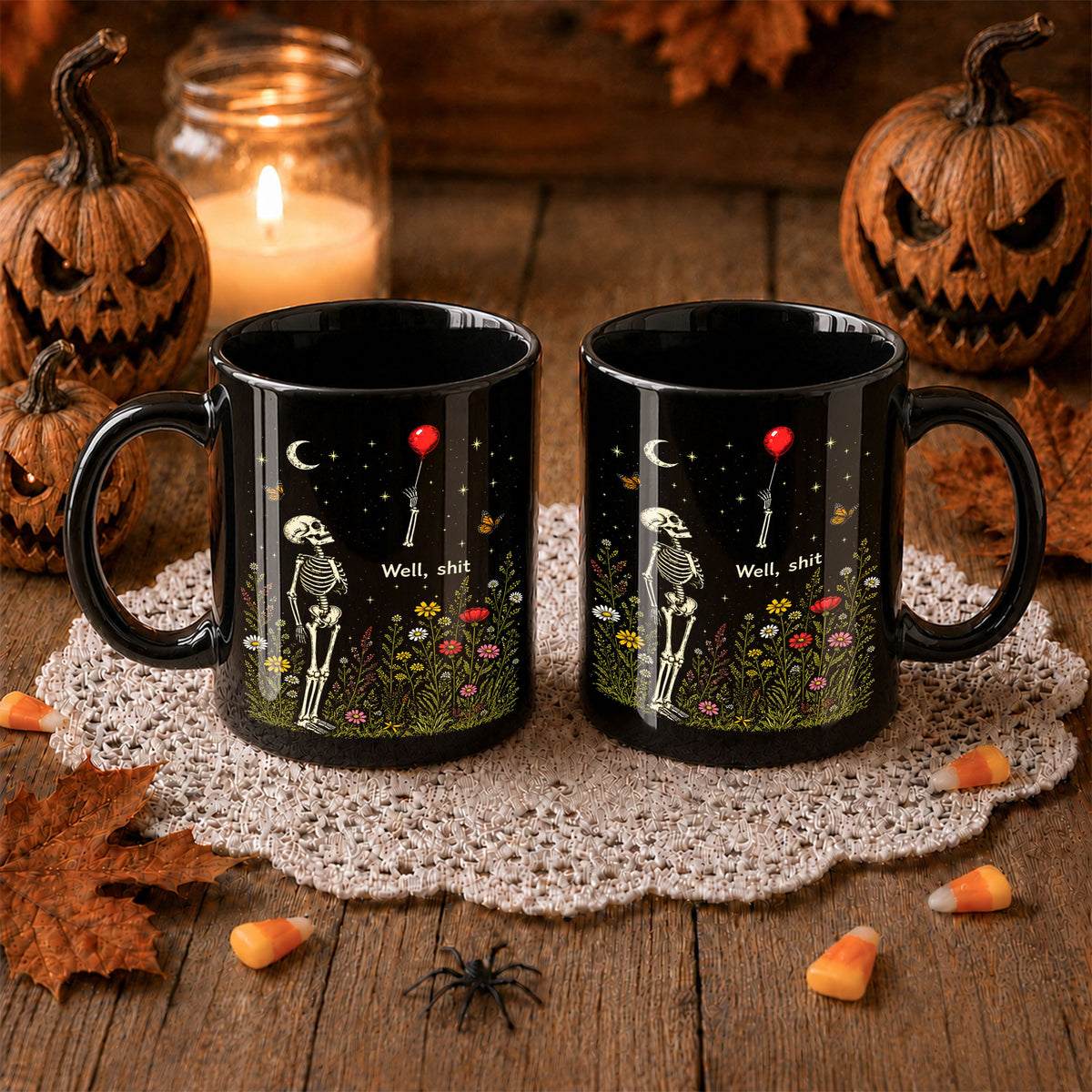 Skeleton Holding Red Balloon Halloween Mug, Funny Spooky Coffee Mug, Halloween Gift