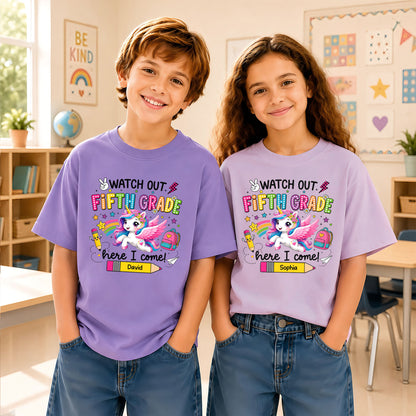 Personalized Watch Out Back to School Shirt – Custom Name & Grade Colorful Tee for Pre-K to 8th Grade Students