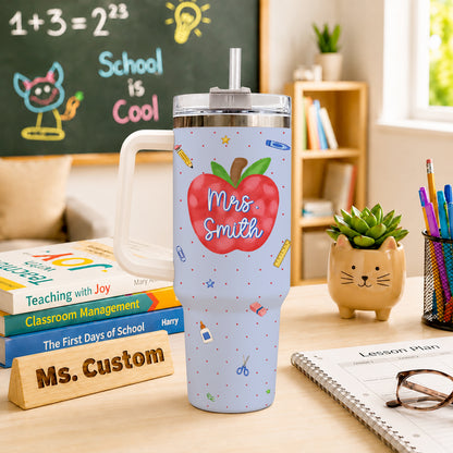 Personalized Teacher & Student Tumbler 40oz with Handle – Custom Name & Grade, Striped Apple School Tumbler for Preschool to 8th Grade