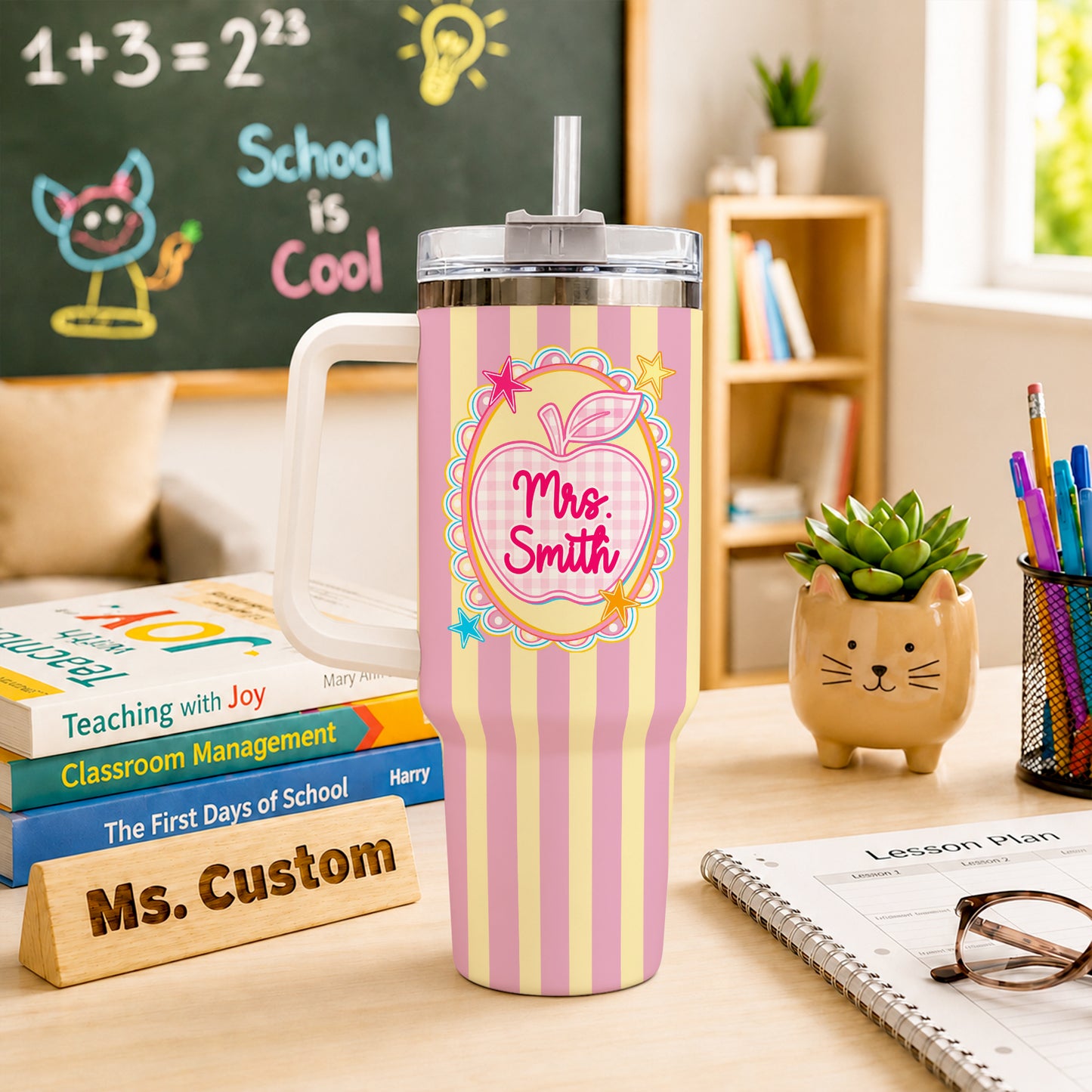 Personalized Teacher & Student Tumbler 40oz with Handle – Custom Name & Grade, Striped Apple School Tumbler for Preschool to 8th Grade