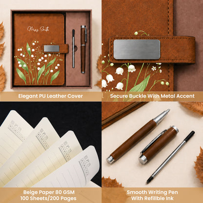 Personalized Leather Notebook Set with Custom Name, Floral Journal Gift Set with Pen for Women, Teacher, Student, Office