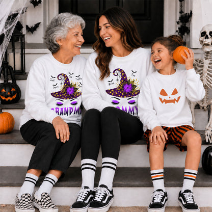 Personalized Grandma Witch Hat Sweatshirt, Custom Grandkids Names Halloween Shirt, Purple Witch Hat Family Gift