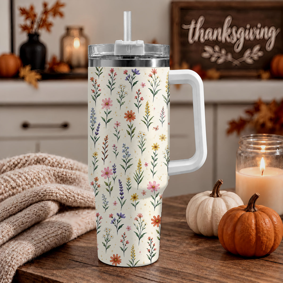 Personalized Thanksgiving Tumbler 40oz with Handle, Floral Fall Design, Gift For Grandma