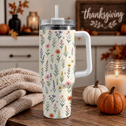 Personalized Thanksgiving Tumbler 40oz with Handle, Floral Fall Design, Gift For Grandma