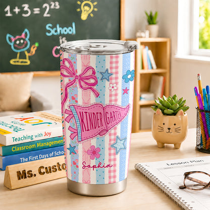 Personalized Back to School Tumbler - Custom Name & Class for Teachers and Students, Pastel Bow 20oz Travel Cup