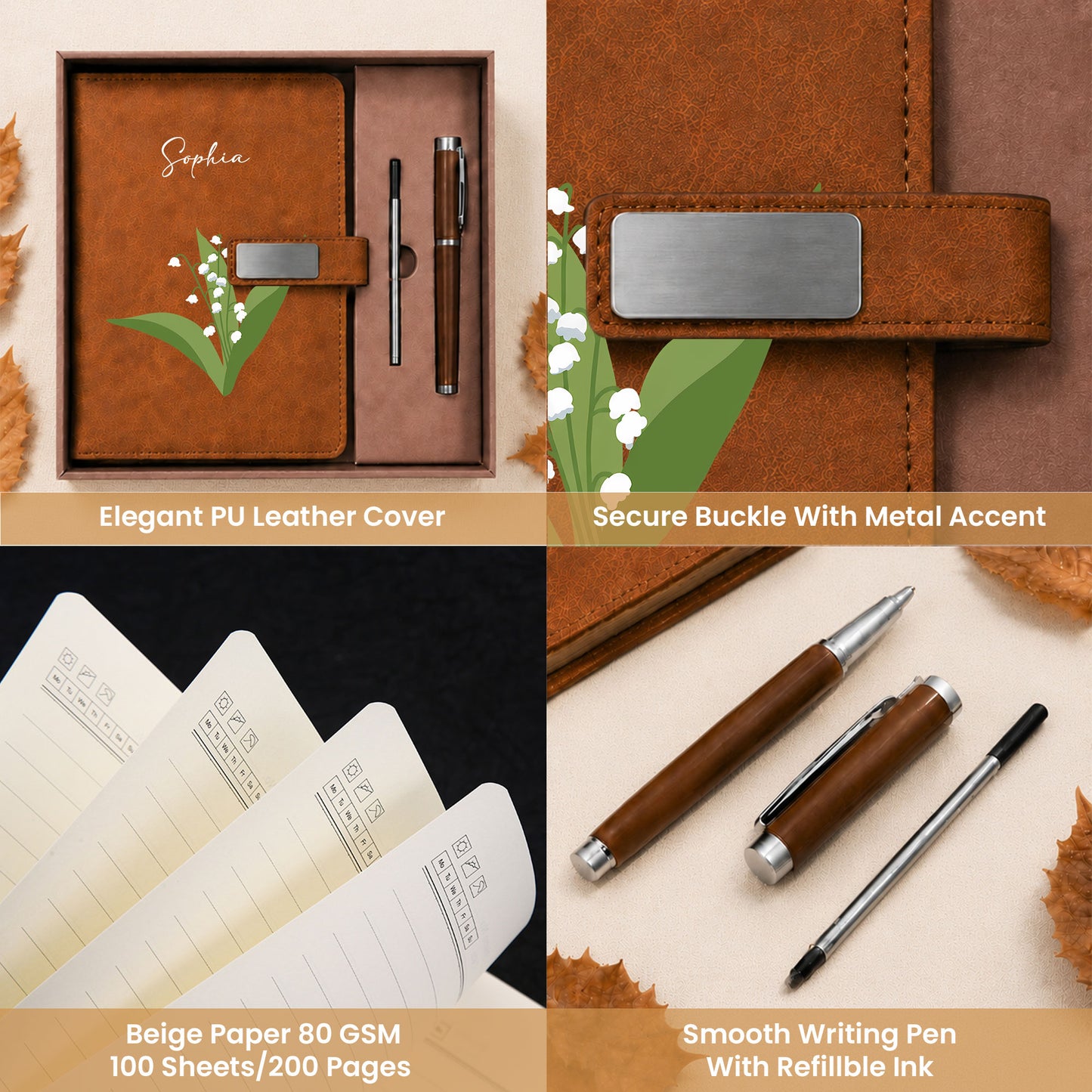 Personalized Leather Notebook Set with Custom Name, Floral Journal Gift Set with Pen for Women, Teacher, Student, Office