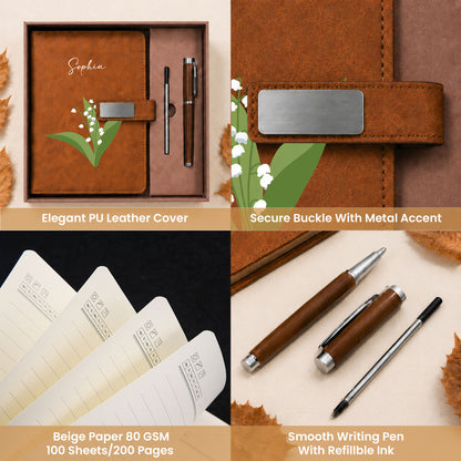 Personalized Leather Notebook Set with Custom Name, Floral Journal Gift Set with Pen for Women, Teacher, Student, Office