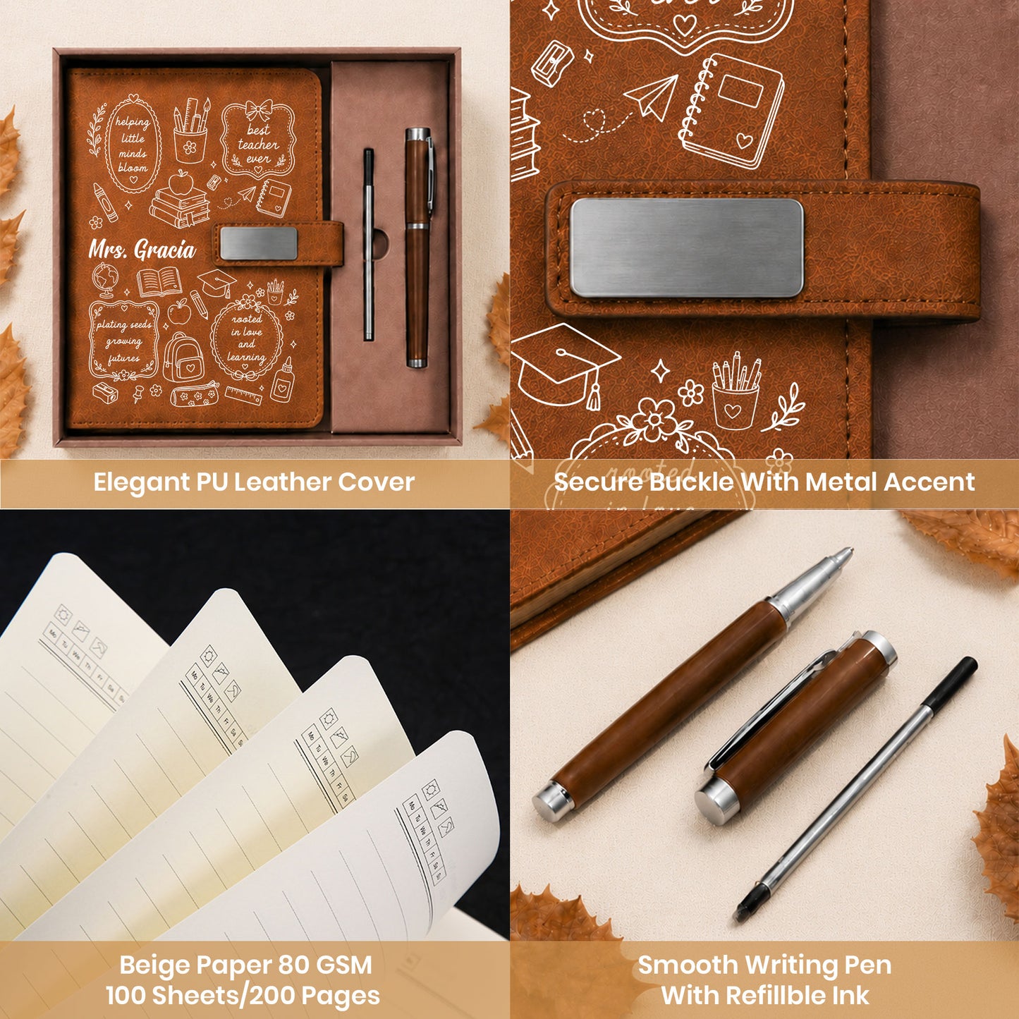 Personalized Teacher Journal Gift Set - Custom Teacher Leather Notebook and Pen - Appreciation Gift for Teachers