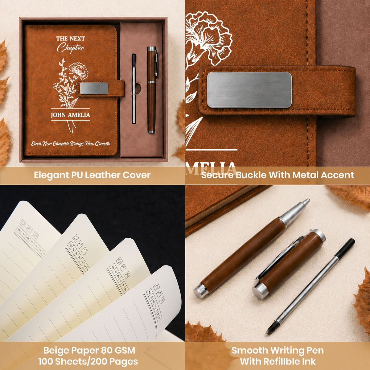 Personalized Leather Journal Gift Set - Birth Month Flower New Chapter Notebook - Graduation Gift, Inspirational Gift for Women, Friends