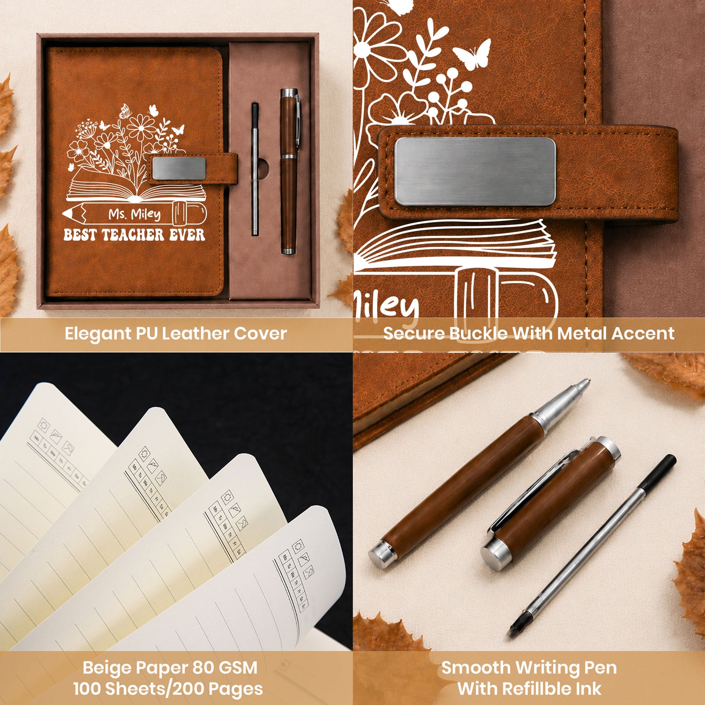 Best Teacher Ever Notebook - Custom Name Leather Notebook Gift Set - Thank You Teacher Gift