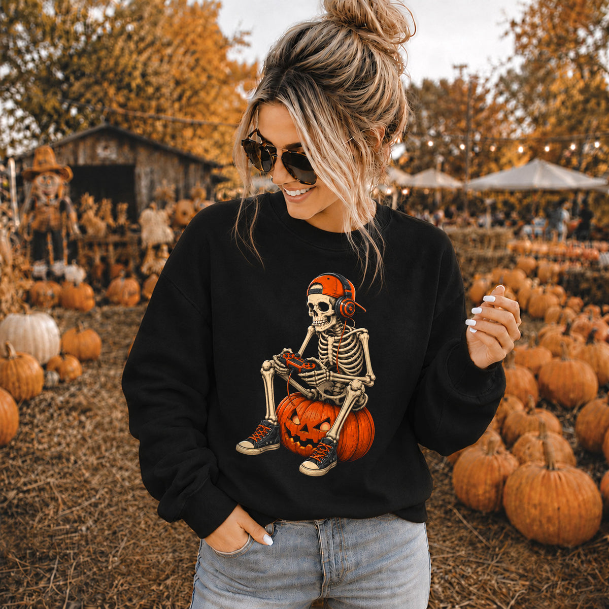 Skeleton Gamer Halloween Sweatshirt, Boys Pumpkin Gaming Shirt, Funny Halloween Gift