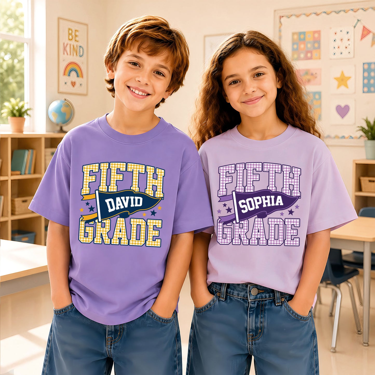 Personalized Back to School Shirt – Custom Name & Grade Preppy Striped Pennant Flag Color Tee for Teachers & Students, Pre-K to 8th Grade Outfit