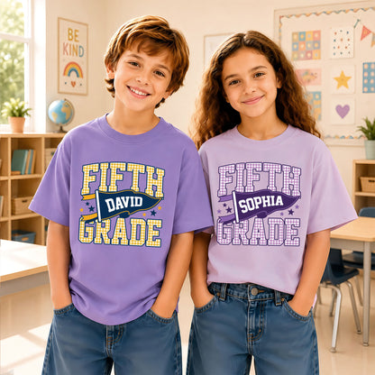 Personalized Back to School Shirt – Custom Name & Grade Preppy Striped Pennant Flag Color Tee for Teachers & Students, Pre-K to 8th Grade Outfit