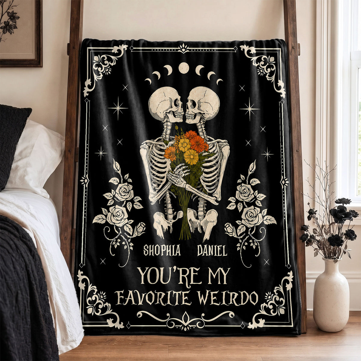 Personalized Skeleton Couple Fleece & Sherpa Blanket, Gothic Blanket with Roses, Halloween Gift for Couples