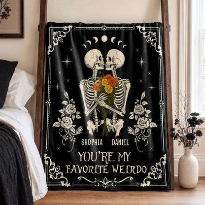 Personalized Skeleton Couple Fleece & Sherpa Blanket, Gothic Blanket with Roses, Halloween Gift for Couples