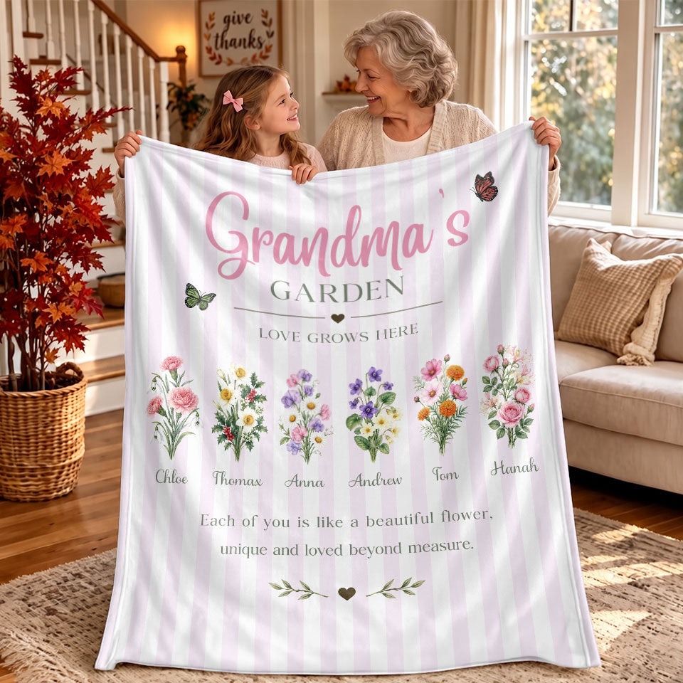 Personalized Grandma Thanksgiving Fleece & Sherpa Blanket, Family Garden Floral Custom Name Gift for Grandma