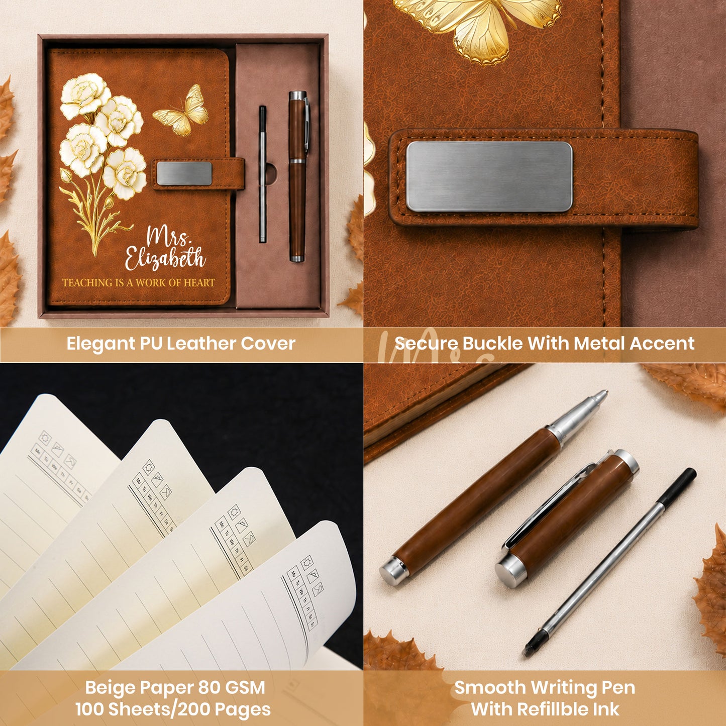 White & Gold Birth Month Flower Teacher Journal - Custom Name Leather Notebook Gift Set - Teacher Appreciation Gift