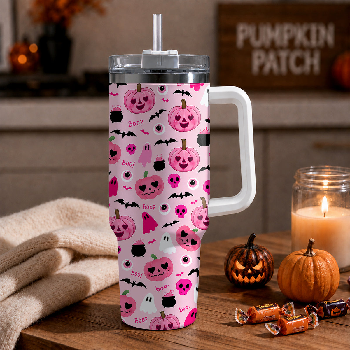 Personalized Halloween Tumbler, 40oz Travel Tumbler with Name, Vintage Spooky Pattern Gift Girls and Boys