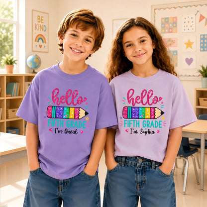 Personalized Hello School Shirt for Kids – Custom Name & Grade Back to School Tee for Pre-K to 8th Grade Students