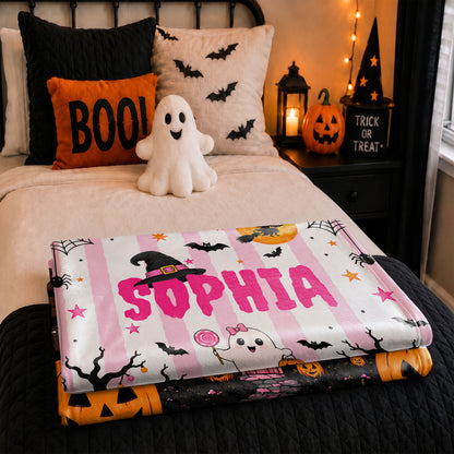 Personalized Halloween Fleece Blanket, Sherpa Blanket, Custom Name Ghost Pumpkin Blanket, Cute Spooky Seasonal Home Decor for Kids