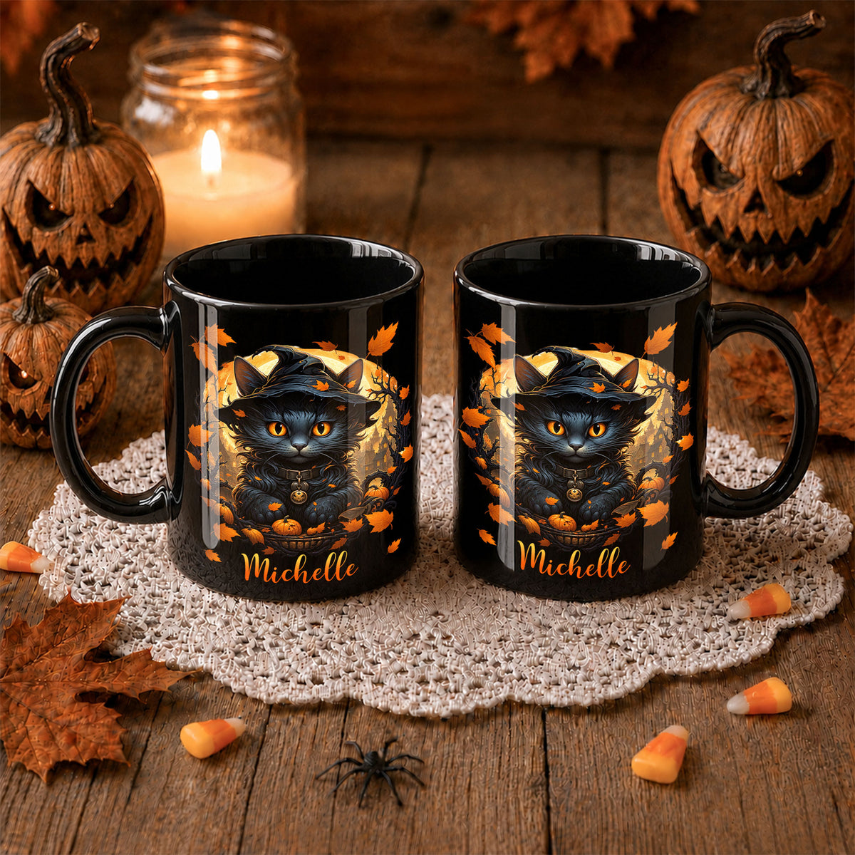 Personalized Halloween Cat Mug, Cute Black Cat Witch Hat Pumpkin Mug, Custom Name Fall Coffee Cup, Halloween Gift for Cat Lovers