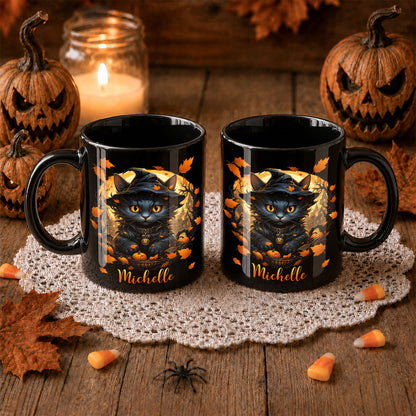 Personalized Halloween Cat Mug, Cute Black Cat Witch Hat Pumpkin Mug, Custom Name Fall Coffee Cup, Halloween Gift for Cat Lovers