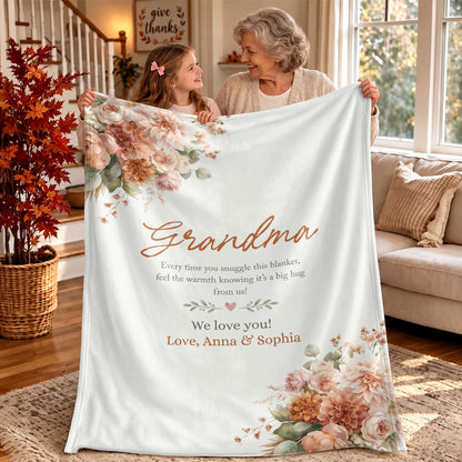 Personalized Grandma Thanksgiving Fleece or Sherpa Blanket, Floral Garden Family Custom Gift for Grandma