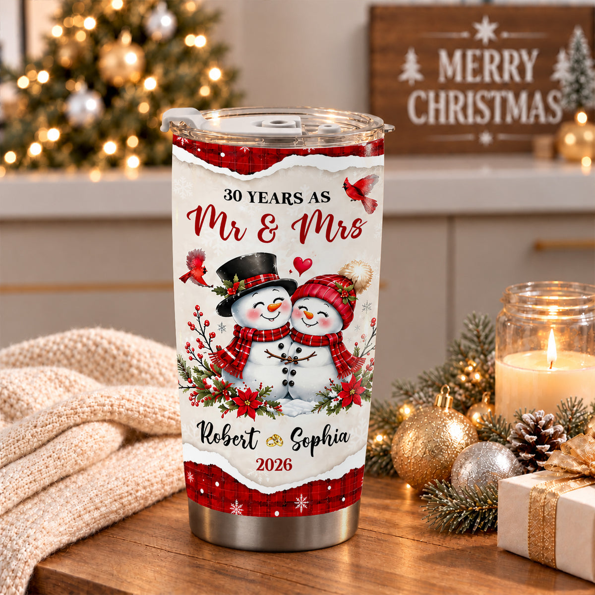 Personalized Snowman Couple Christmas Tumbler, Custom Names Anniversary Gift for Couples