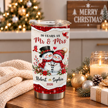 Personalized Snowman Couple Christmas Tumbler, Custom Names Anniversary Gift for Couples