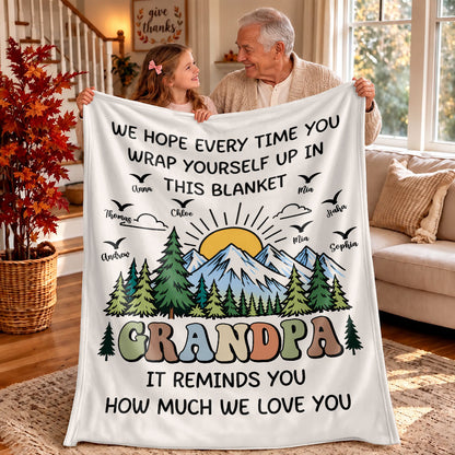 Personalized Grandpa Blanket Vintage Mountain Thanksgiving Gift for Grandpa from Grandkids, Family Gift