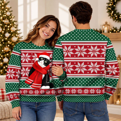 Cute Black Cat Christmas Sweater, Festive Snowflake Ugly Sweater, Christmas Gift for Cat Lovers