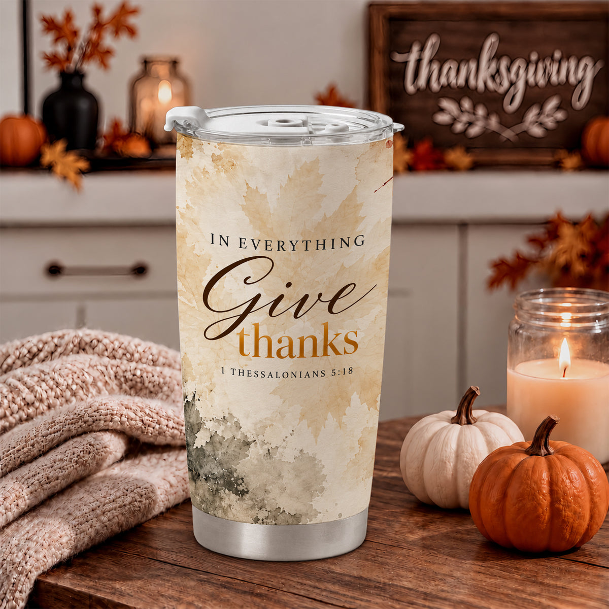 Christian Fall Thanksgiving 20oz Travel Coffee Mug Tumbler, Autumn Gift for Women, Family