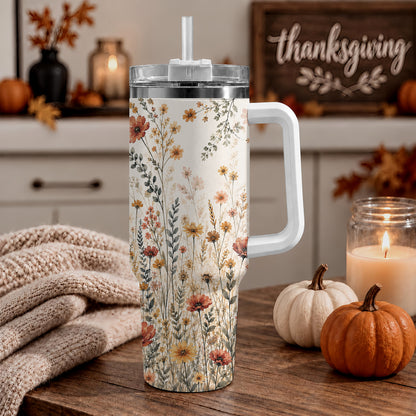 Personalized Thanksgiving Tumbler 40oz with Handle, Floral Fall Design, Gift For Grandma