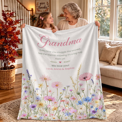 Personalized Grandma Thanksgiving Fleece or Sherpa Blanket, Floral Garden Family Custom Gift for Grandma