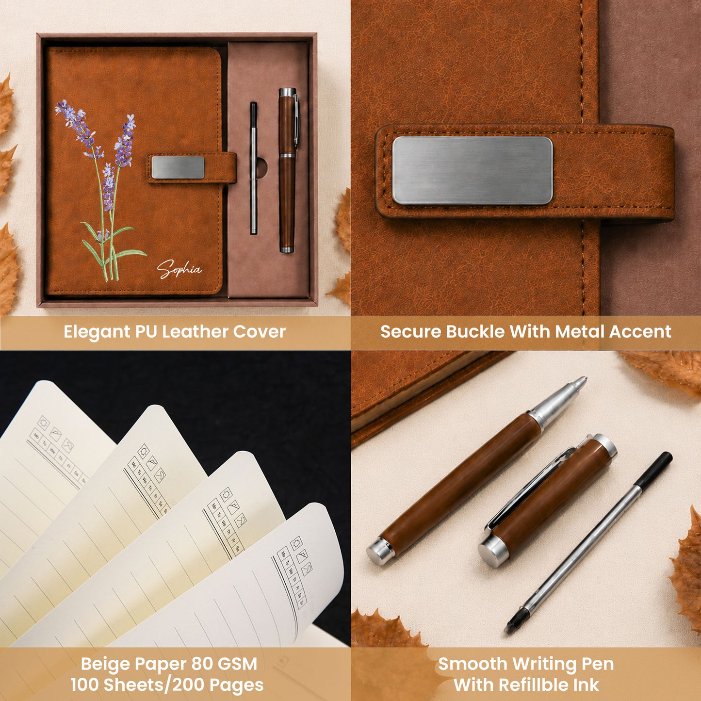 Personalized Leather Notebook Set with Custom Name, Floral Journal Gift Set with Pen for Women, Teacher, Student, Office