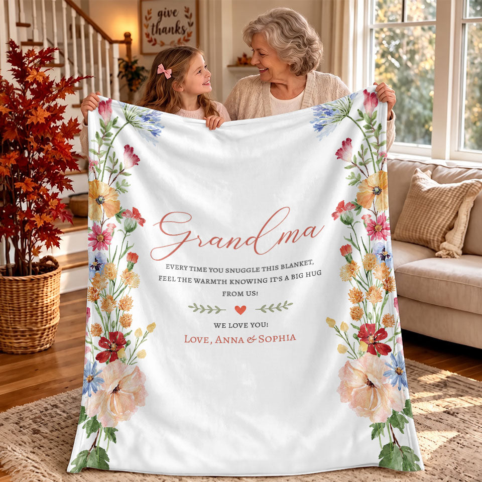 Personalized Grandma Thanksgiving Fleece or Sherpa Blanket, Floral Garden Family Custom Gift for Grandma
