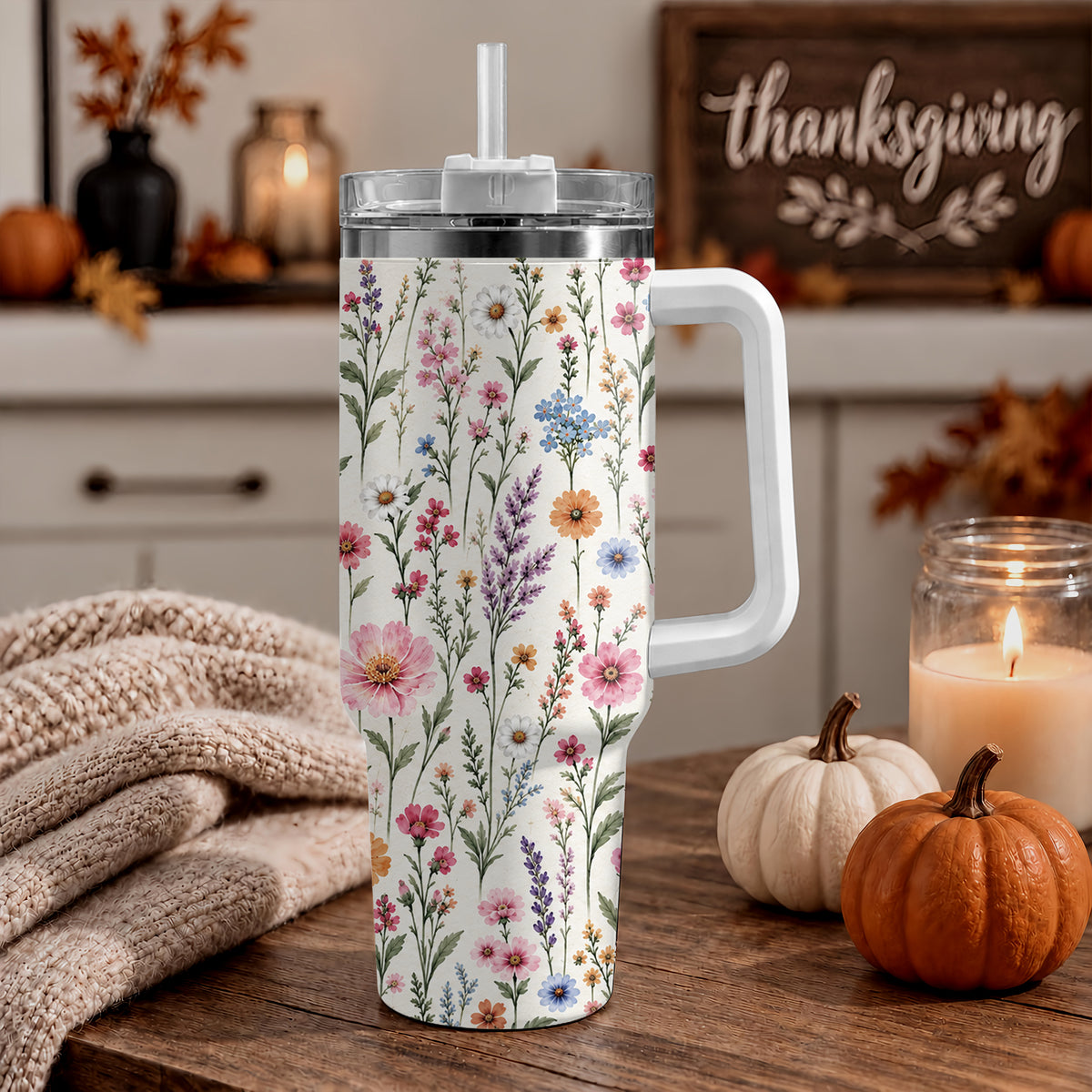 Personalized Thanksgiving Tumbler 40oz with Handle, Floral Fall Design, Gift For Grandma
