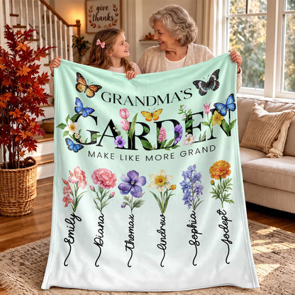 Personalized Grandma Thanksgiving Fleece & Sherpa Blanket, Family Garden Floral Custom Name Gift for Grandma