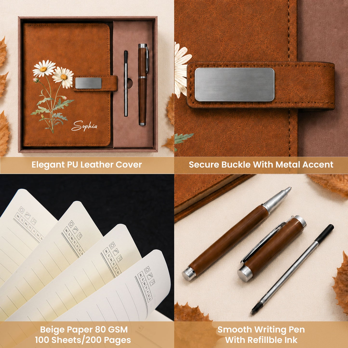 Personalized Leather Notebook Set with Custom Name, Floral Journal Gift Set with Pen for Women, Teacher, Student, Office