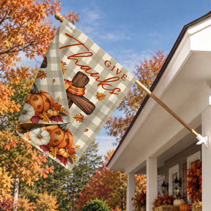Give Thanks Fall Garden Flag, Rustic Cross Pumpkin Thanksgiving Yard Flag, Autumn Outdoor Decor