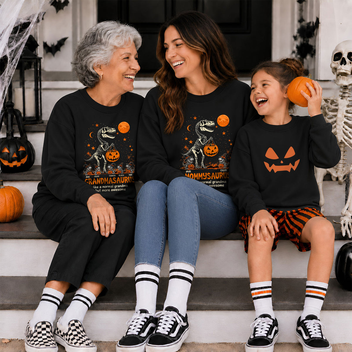 Personalized Grandmasaurus Halloween T-Shirt, Custom Grandkids Names Dinosaur Family Shirt, Spooky Pumpkin Grandma Tee