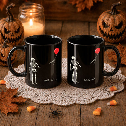 Skeleton Holding Red Balloon Halloween Mug, Funny Spooky Coffee Mug, Halloween Gift