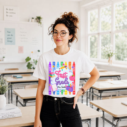 Personalized Striped Back to School Shirt for Kids Teachers – Custom Name & Grade Tee for Pre-K to 8th Grade Students, First Day Outfit