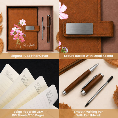 Personalized Leather Notebook Set with Custom Name, Floral Journal Gift Set with Pen for Women, Teacher, Student, Office