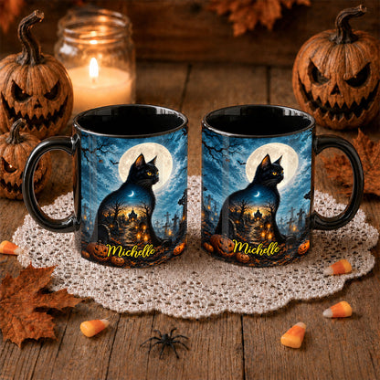 Personalized Halloween Cat Mug, Cute Black Cat Witch Hat Pumpkin Mug, Custom Name Fall Coffee Cup, Halloween Gift for Cat Lovers