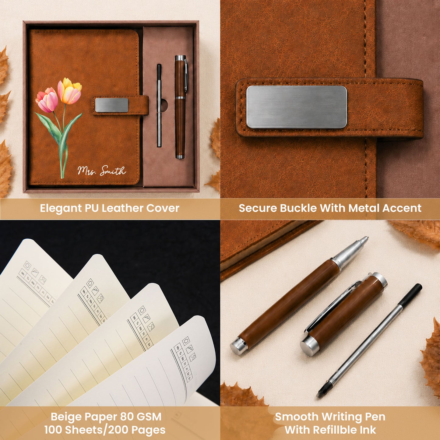 Personalized Leather Notebook Set with Custom Name, Floral Journal Gift Set with Pen for Women, Teacher, Student, Office