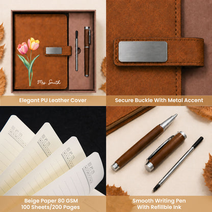 Personalized Leather Notebook Set with Custom Name, Floral Journal Gift Set with Pen for Women, Teacher, Student, Office