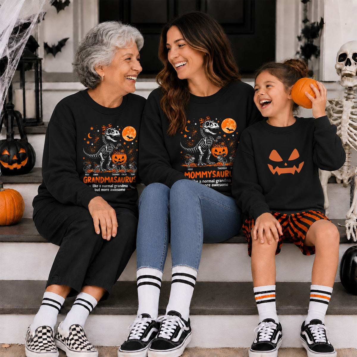 Personalized Grandmasaurus Halloween T-Shirt, Custom Grandkids Names Dinosaur Family Shirt, Spooky Pumpkin Grandma Tee