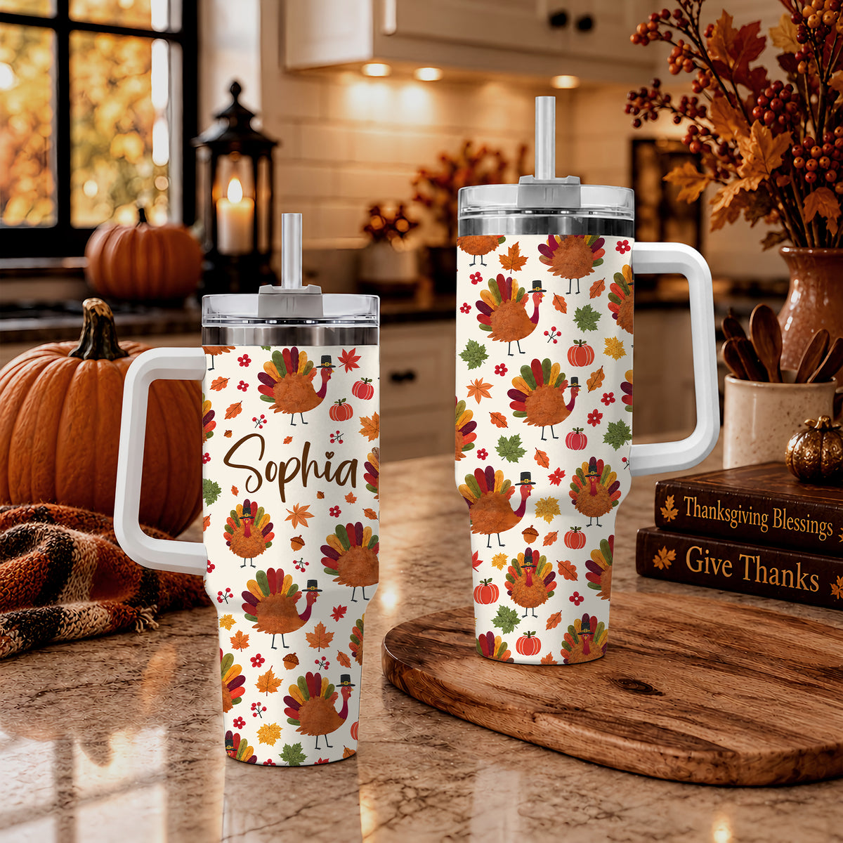 Personalized Thanksgiving Tumbler 40oz, Turkey Fall Leaves Gnome, Hello Fall Custom Name Gift For Adult & Friends