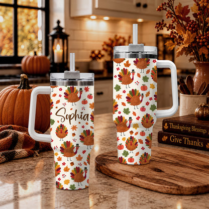 Personalized Thanksgiving Tumbler 40oz, Turkey Fall Leaves Gnome, Hello Fall Custom Name Gift For Adult & Friends